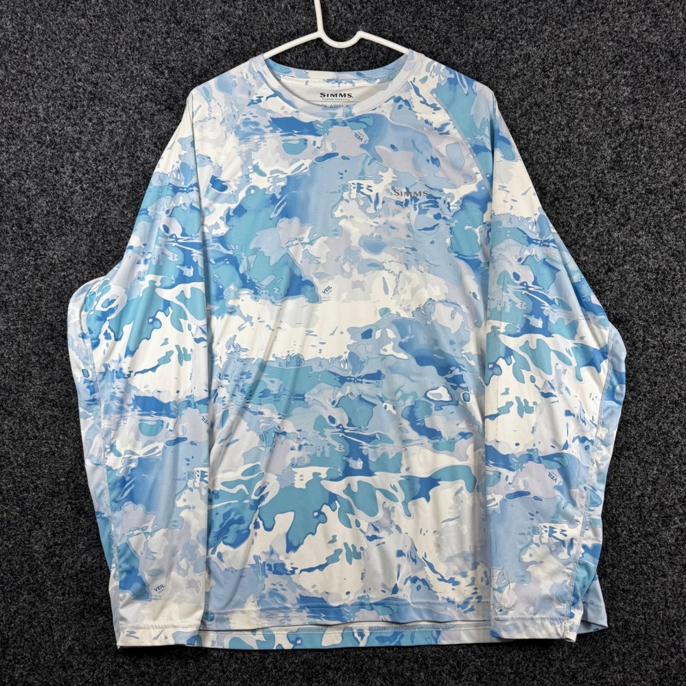 Simms SolarFlex Fishing Shirt Mens XL Blue White Veil Camo UPF 50 Long Sleeve